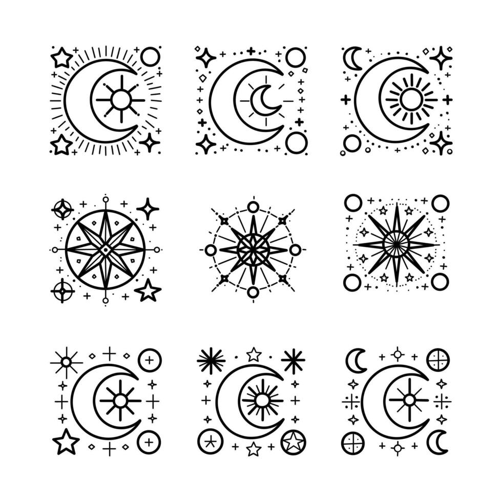 Celestial symbols with sun, moon and stars elements, illustrating a cosmic and astrological theme. vector