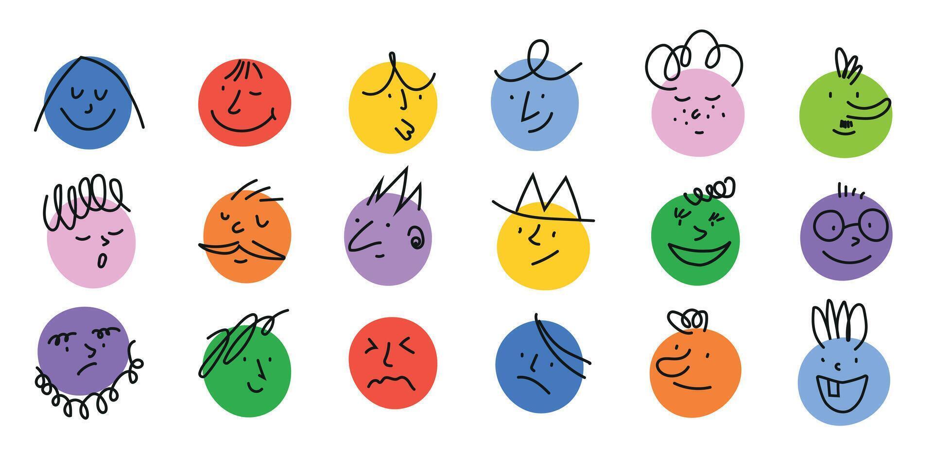 Round abstract comic faces with different emotions. Set of emoticons. Pencil drawing style. Various colorful characters. Flat design. vector