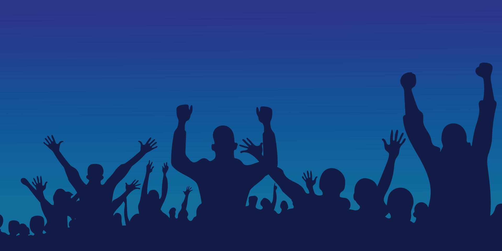 Crowd of people silhouette . Dark background. Party, concert, music festival, dance, fun, disco, concert, sports. Cheerful youth.Cheer audience. vector