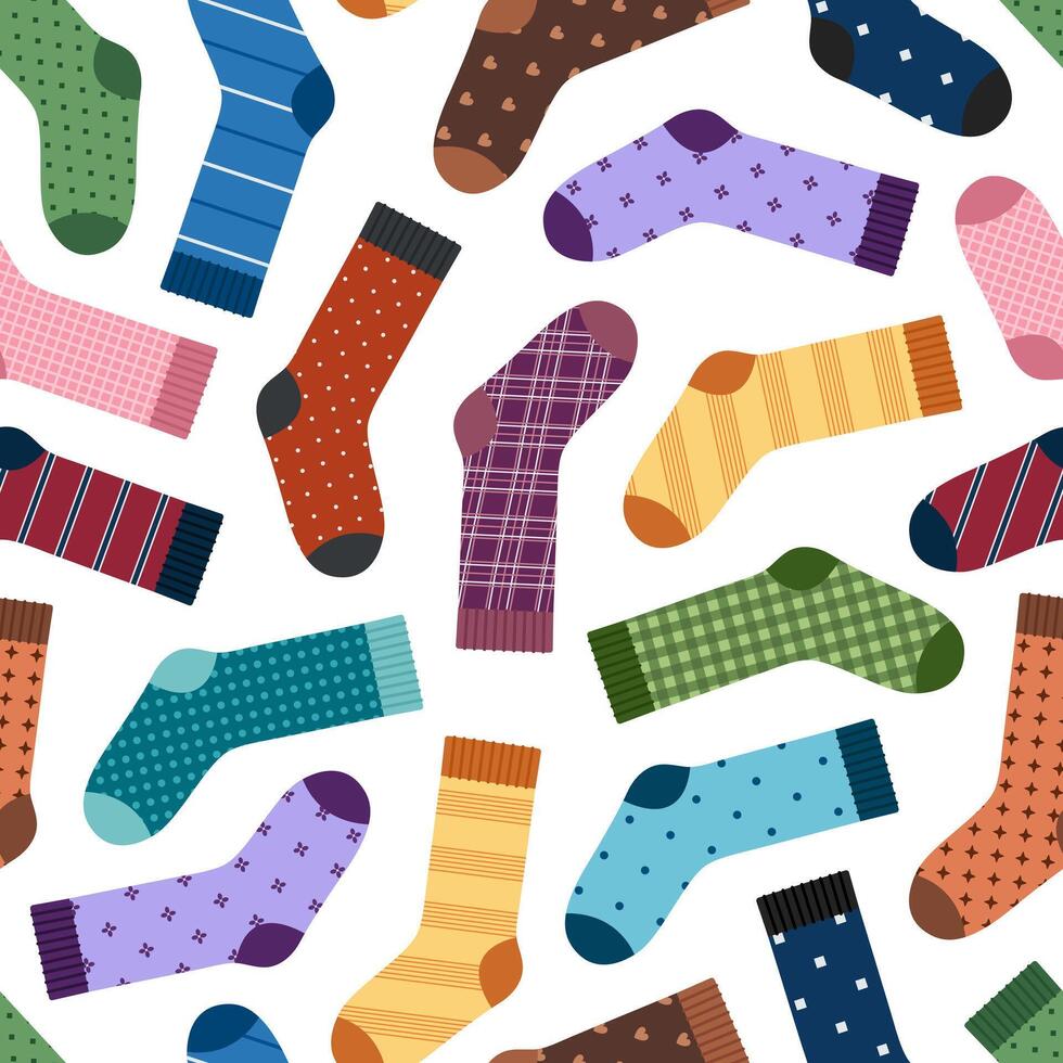 Seamless pattern with socks. Colored pairs of socks with different ornaments on white background. Foot apparel collection. Cotton and wool accessory. Flat illustration vector