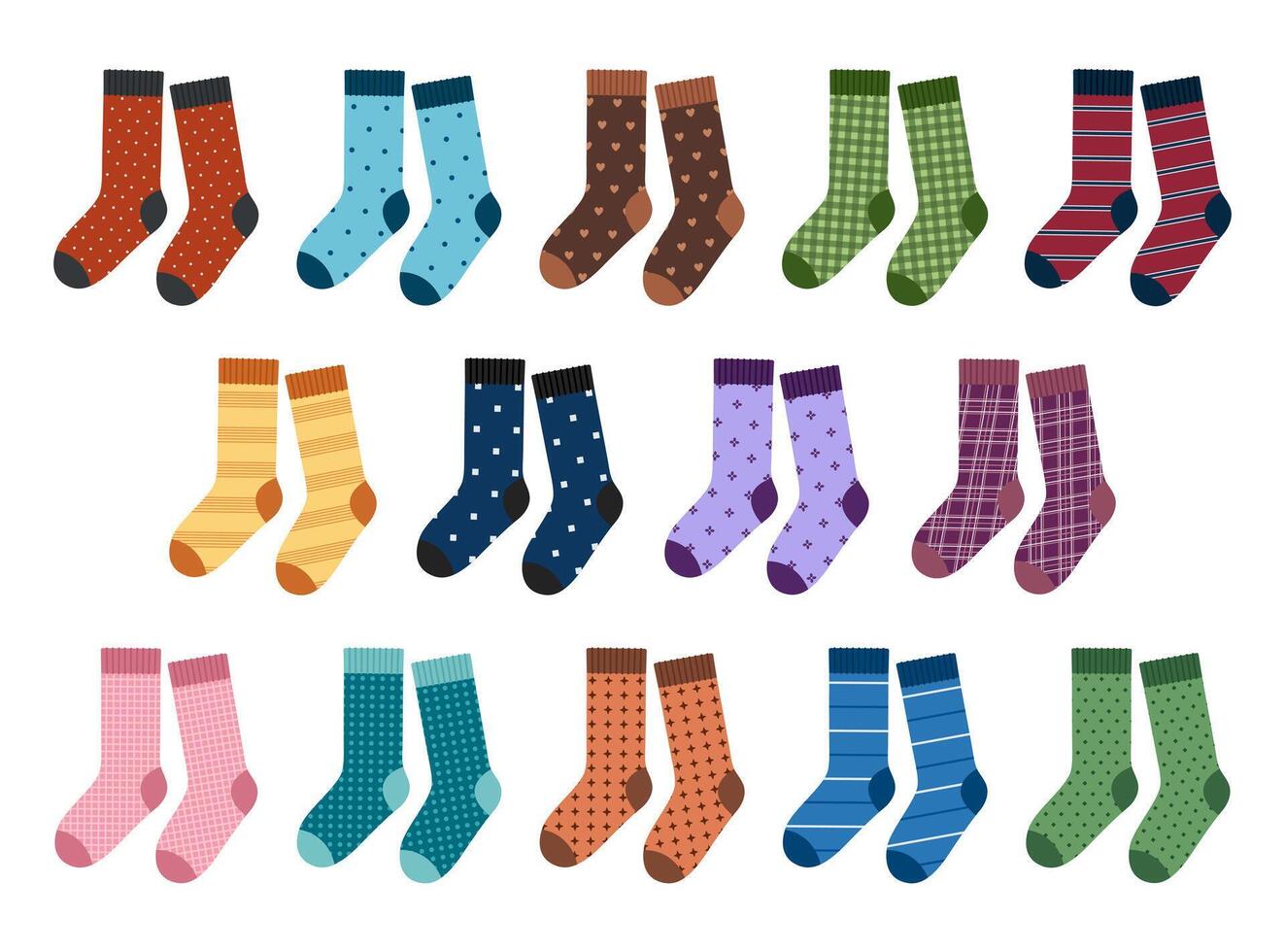 Set of colored pairs of socks with different patterns. Foot apparel collection. Cotton and wool accessory. Flat illustration isolated on white background vector