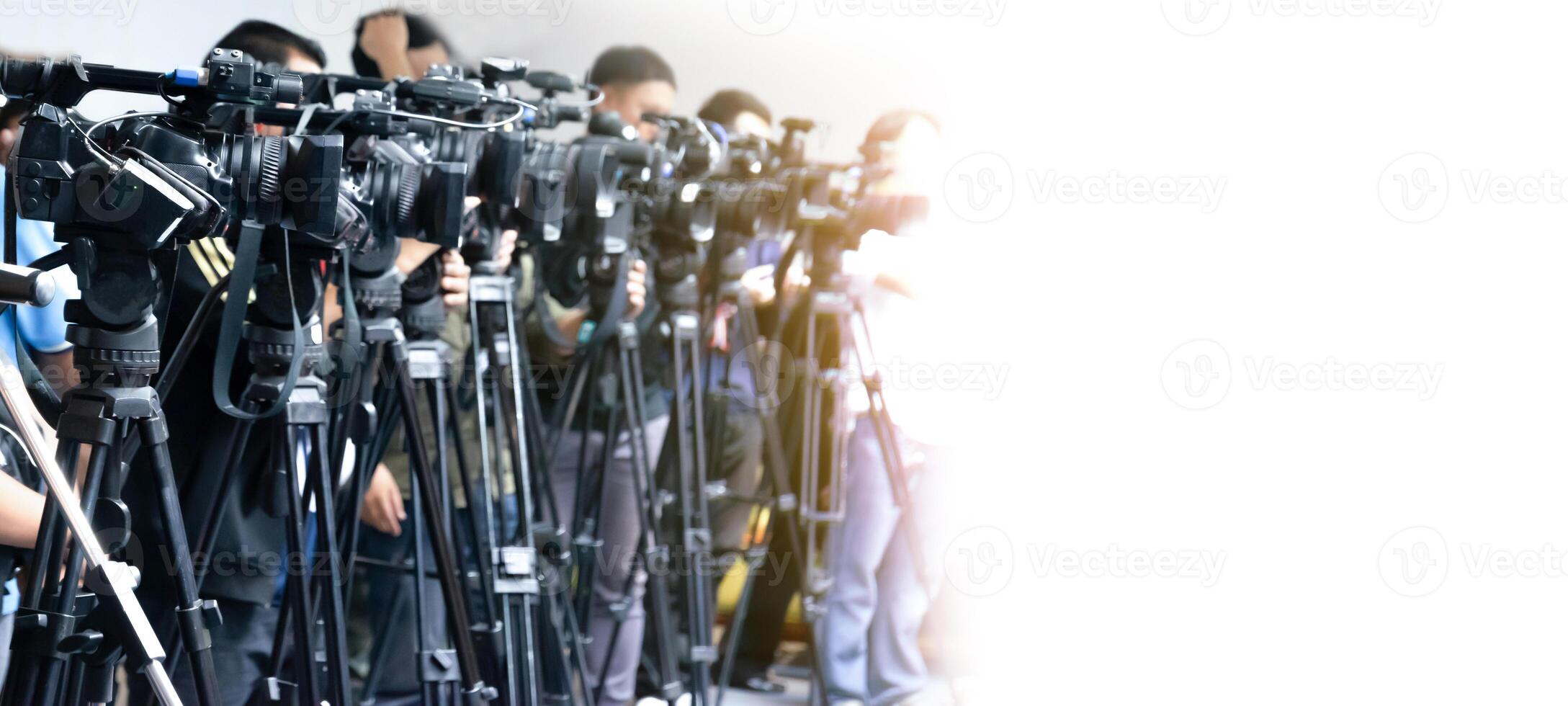 Many reporters and cameras, white background. photo