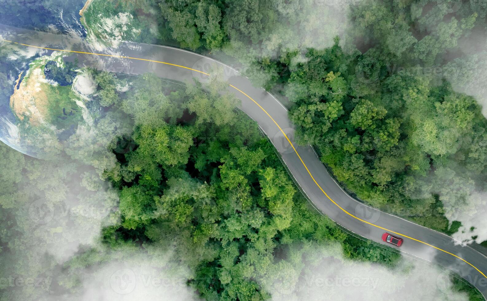 Aerial view of zero emission car driving on highway road in green forest. Sustainable transport. Electric vehicle driving on asphalt road. Green mobility. Hydrogen car. Earth image provided by Nasa photo