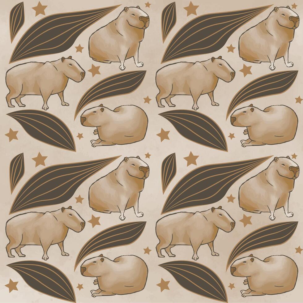 capybara pattern stars leaves vector