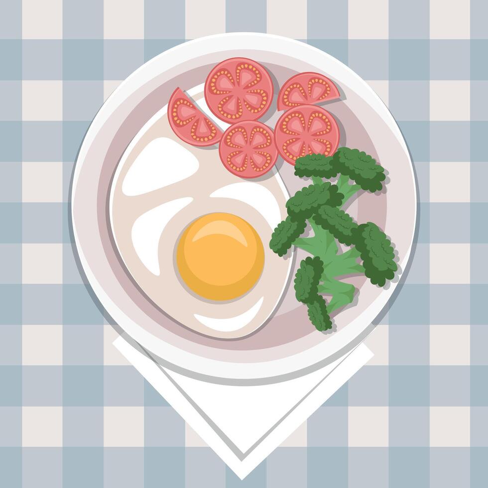 Fried egg with broccoli and tomatoes vector