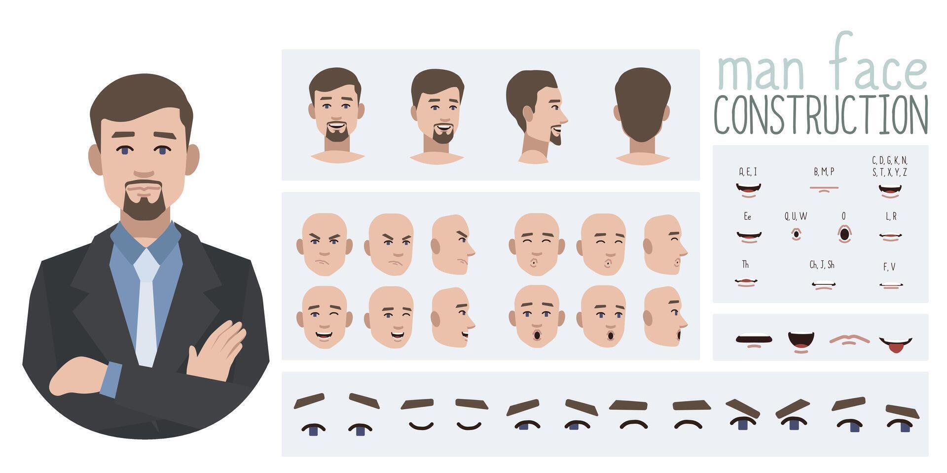 Business office worker man constructor suitable for animation. Generator of diverse eyes, lips, emotion expressions mouth animation and lip sync. Young man character face and upper body construction. vector