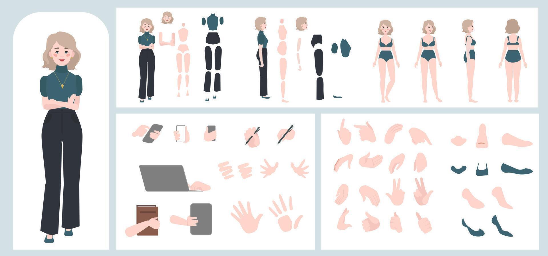 Business woman avatar creation suitable for animation. Generator, constructor of diverse views of face, body, hands and leg parts. Female character construction for comfortable fast motion design. vector
