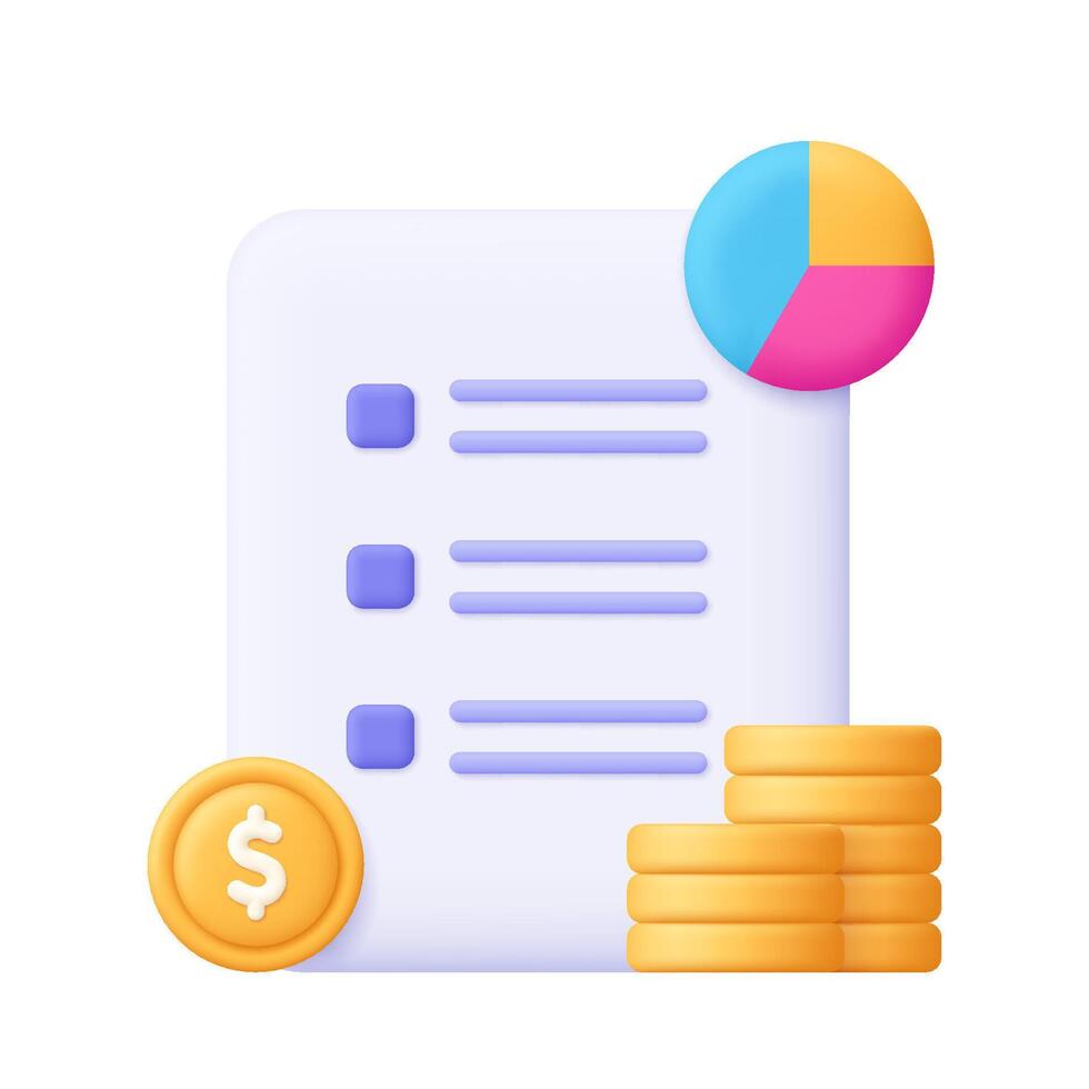 Document sheet with diagram and coin stack. Business finance report and data analysis, financial audit, digital trade concept. 3d icon. Cartoon minimal style. vector