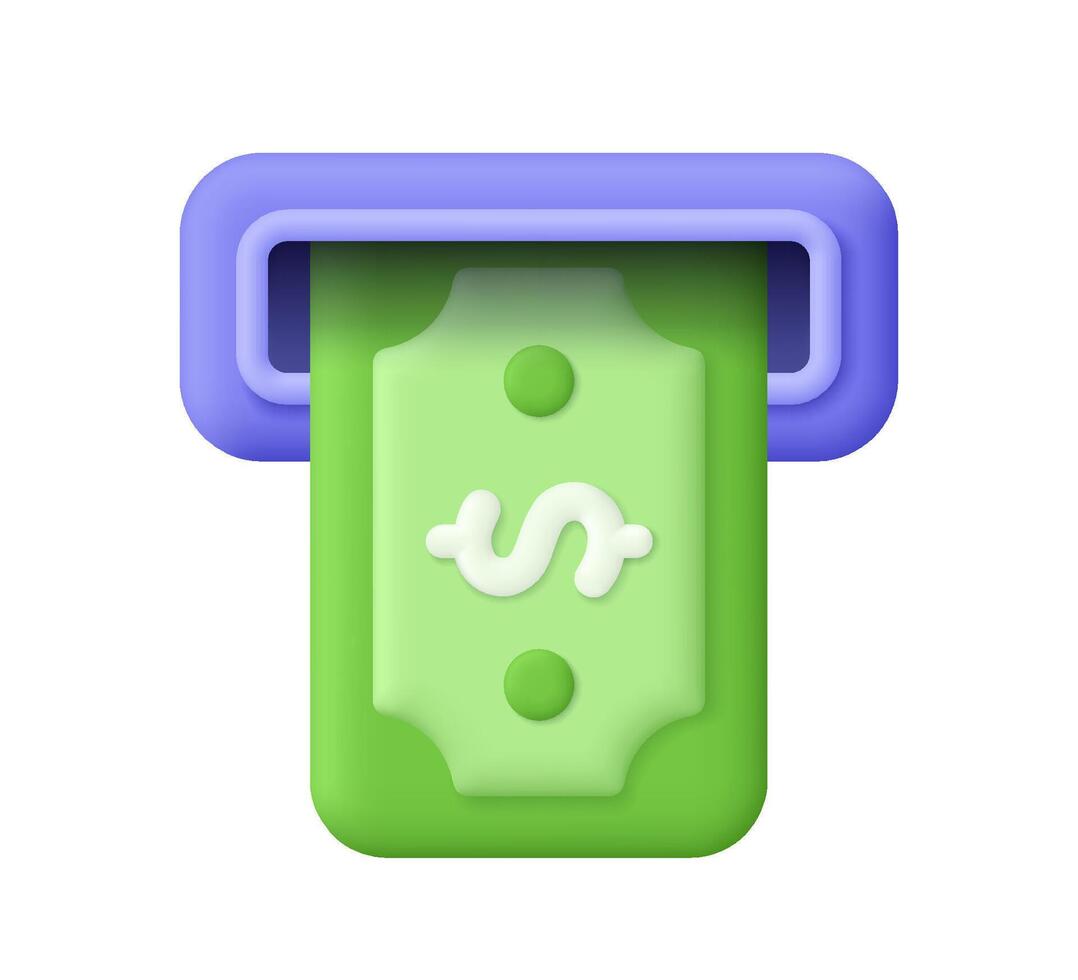 Cash banknote withdrawal at ATM. Atm withdrawal, bank payment. Business, finance and online banking concept. 3d icon. Cartoon minimal style. vector
