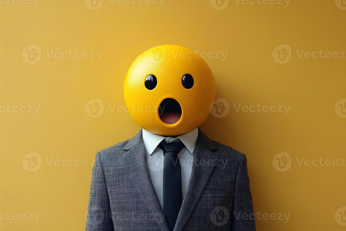 Potrait of a young businessman wearing suit with a shocked emoji head, isolated on yellow background photo