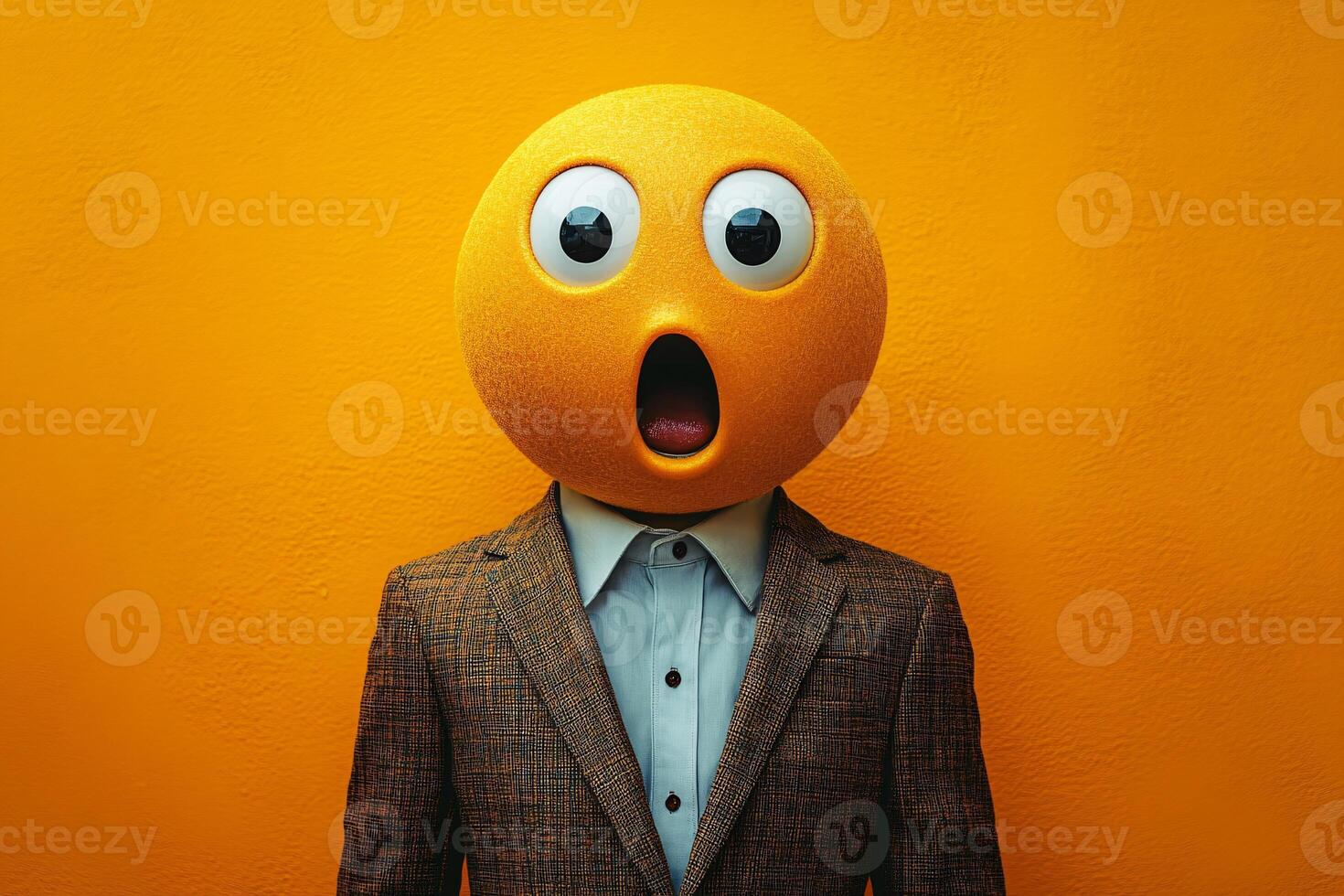 Potrait of a businessperson wearing suit with a shocked emoji head, failure, mistake, orange background photo