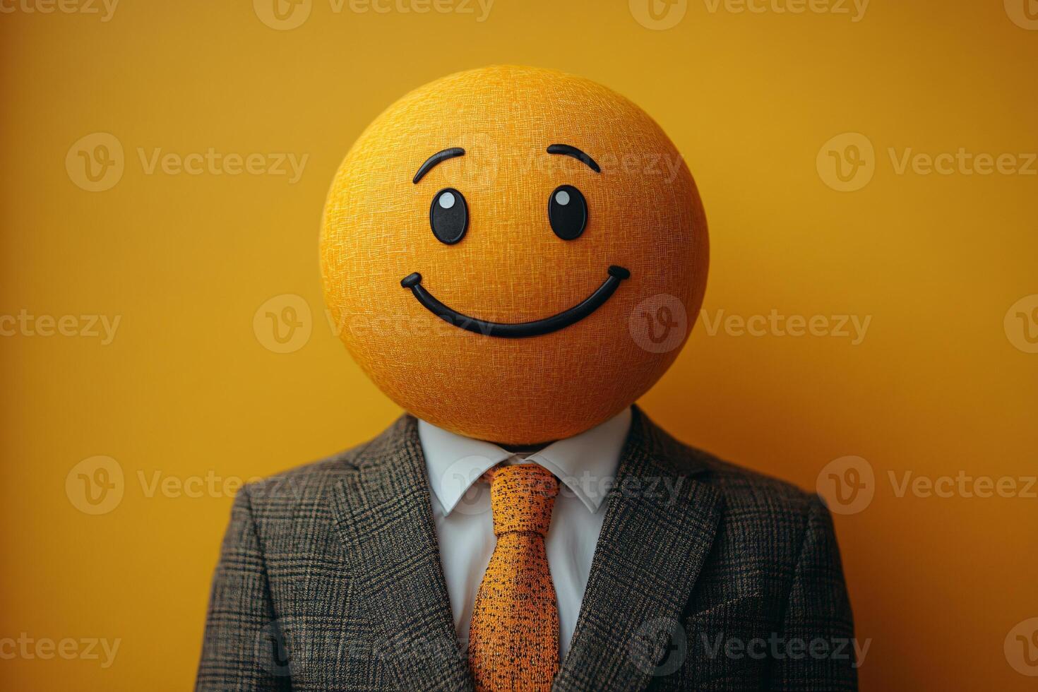 Businessman in a modern suit with a happy emoji head, isolated on yellow background photo