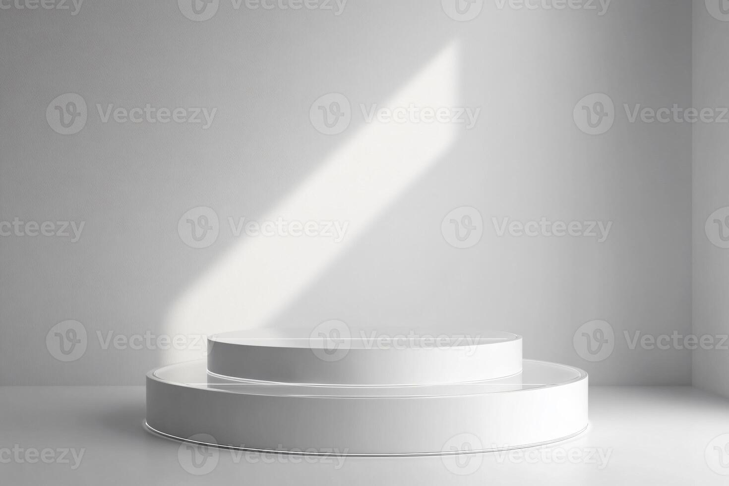 Empty round step podium with light and shadow from windows on white background, minimalistic product display photo