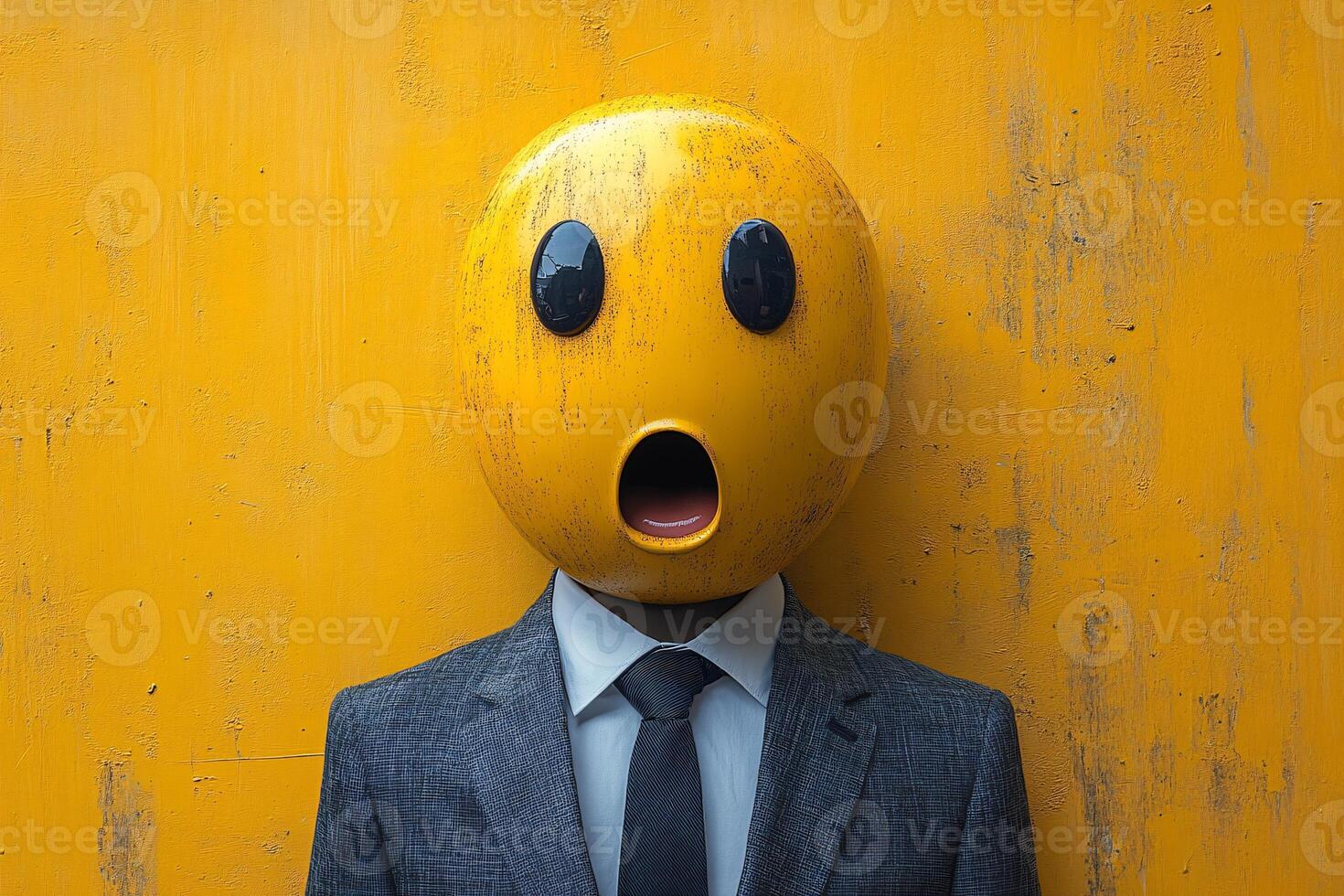 Businessperson wearing suit with a shocked emoji head, failure, mistake, yellow wall background photo