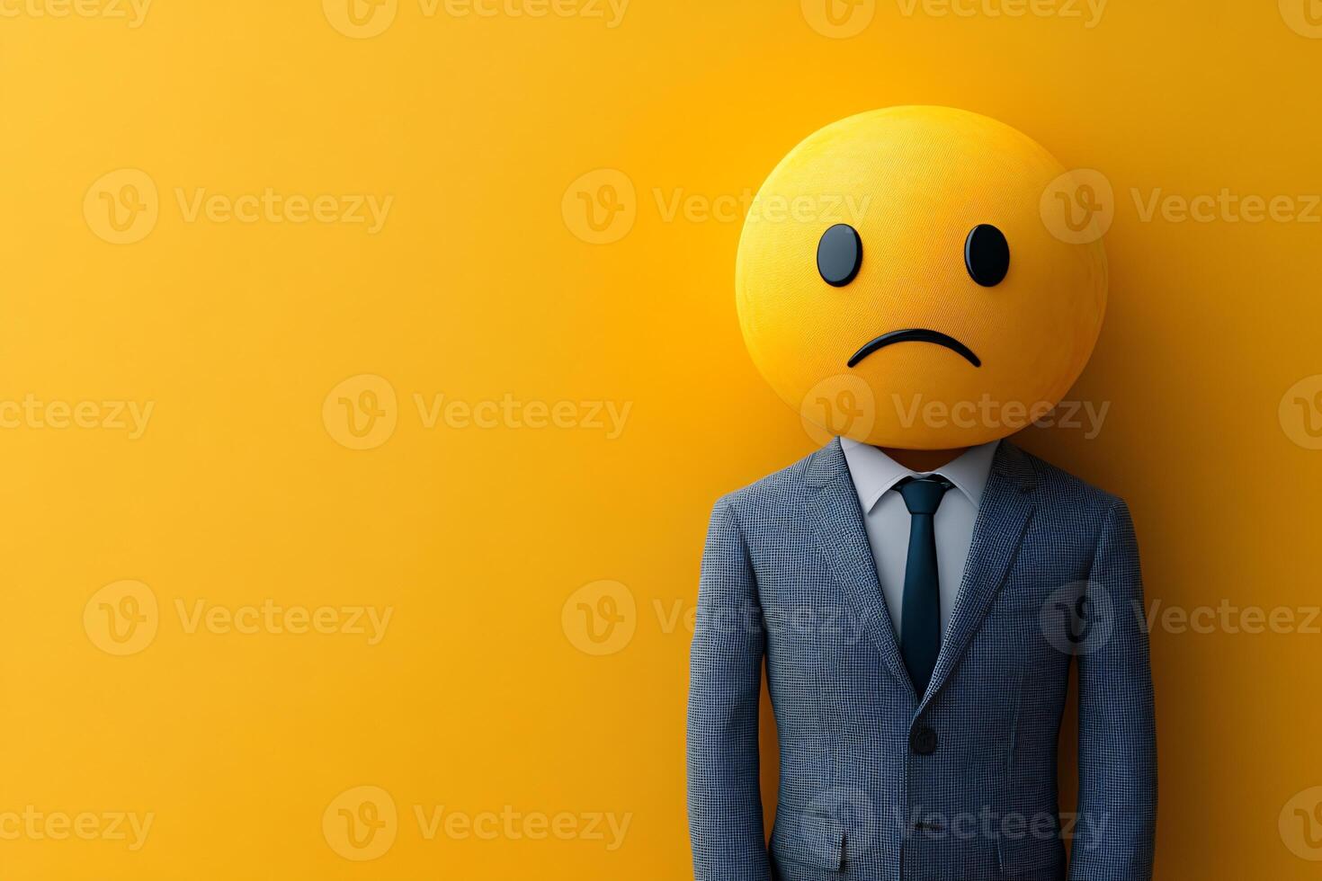 Potrait of a young businessperson wearing suit with a sad emoji head, failure, mistake, isolated on yellow background, copy space photo