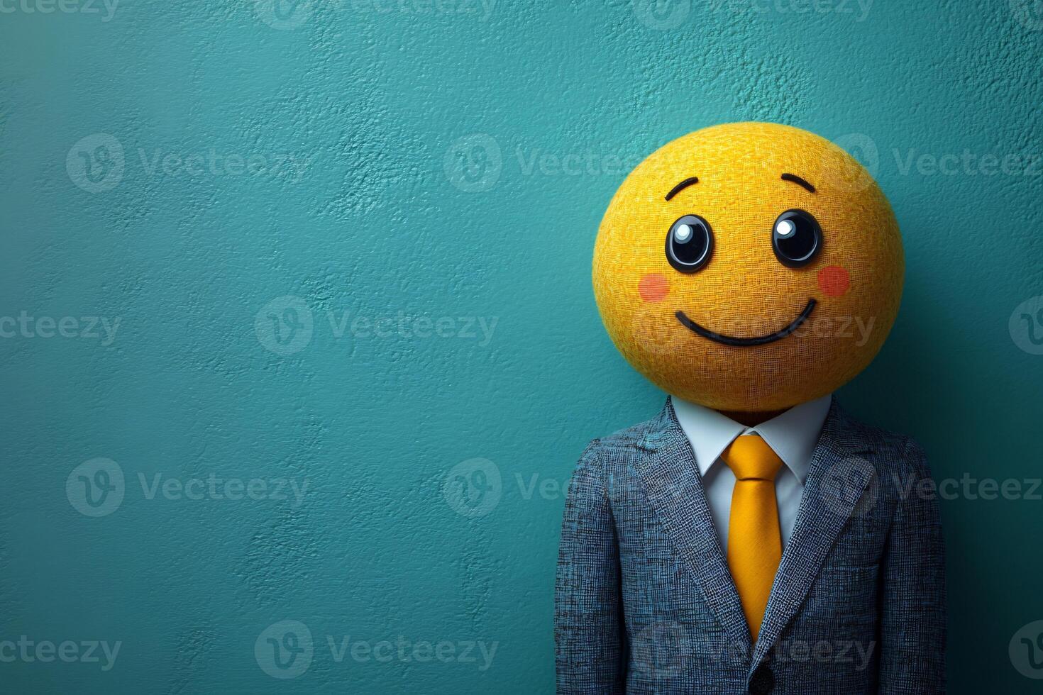 Executive in a suit with a joy emoji head, blue background, copy space photo