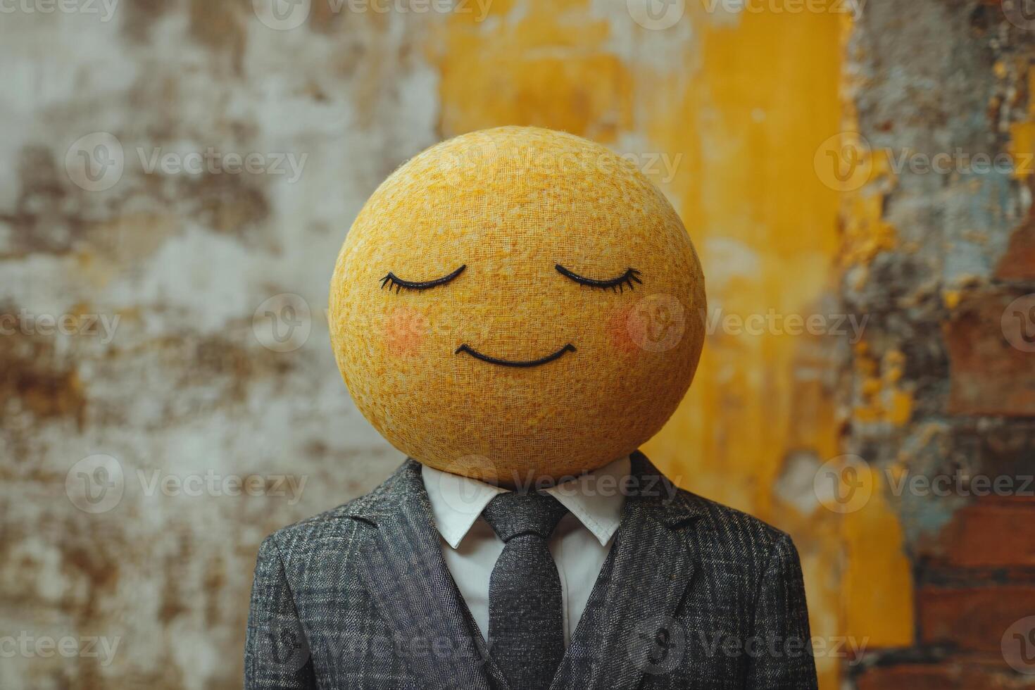 Executive in a modern suit with a close eyes and sleepy emoji head, happiness, relaxing, blurred old wall background photo
