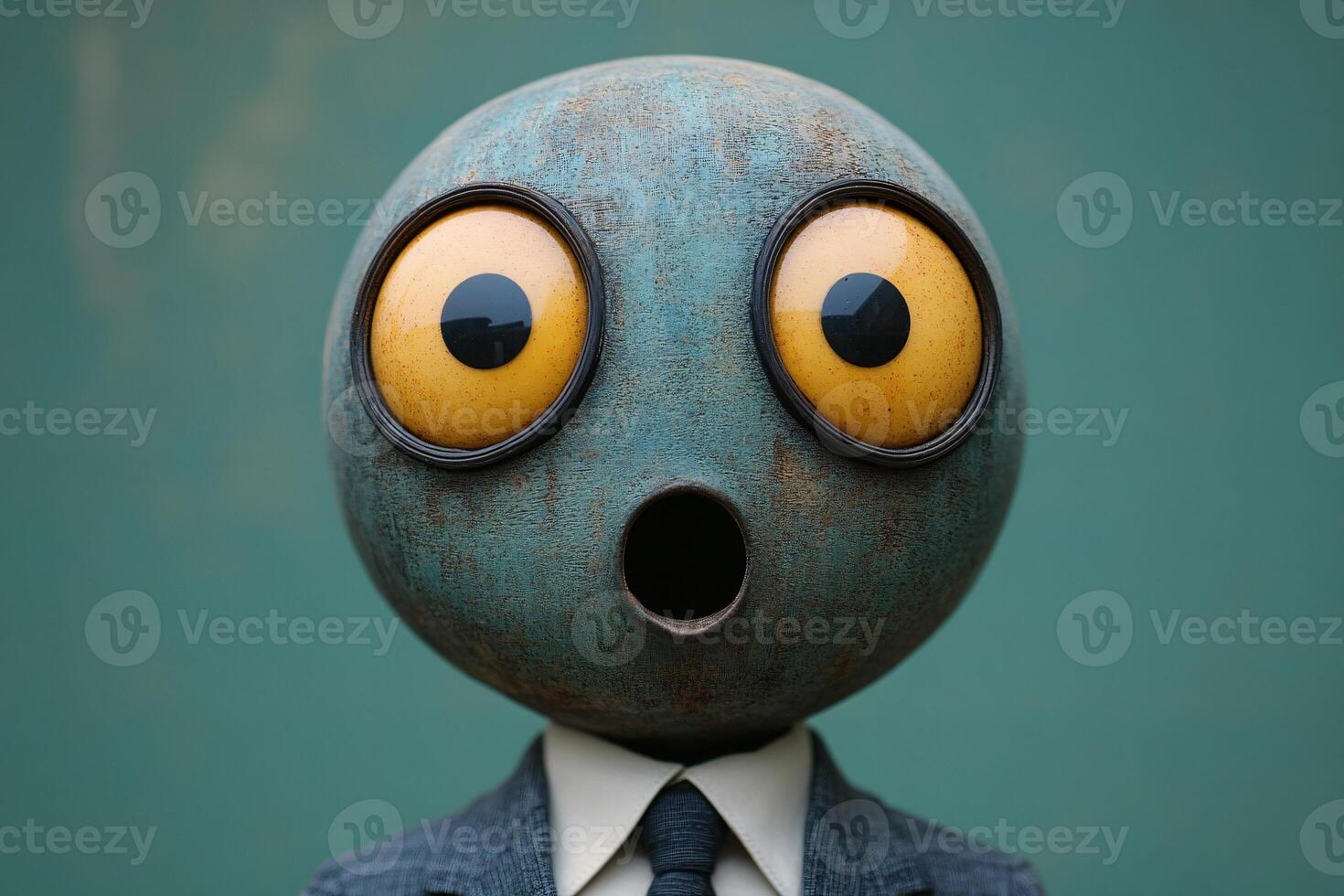 Close-up of Businessperson wearing suit with a shocked and surprised emoji head, blurred green background photo
