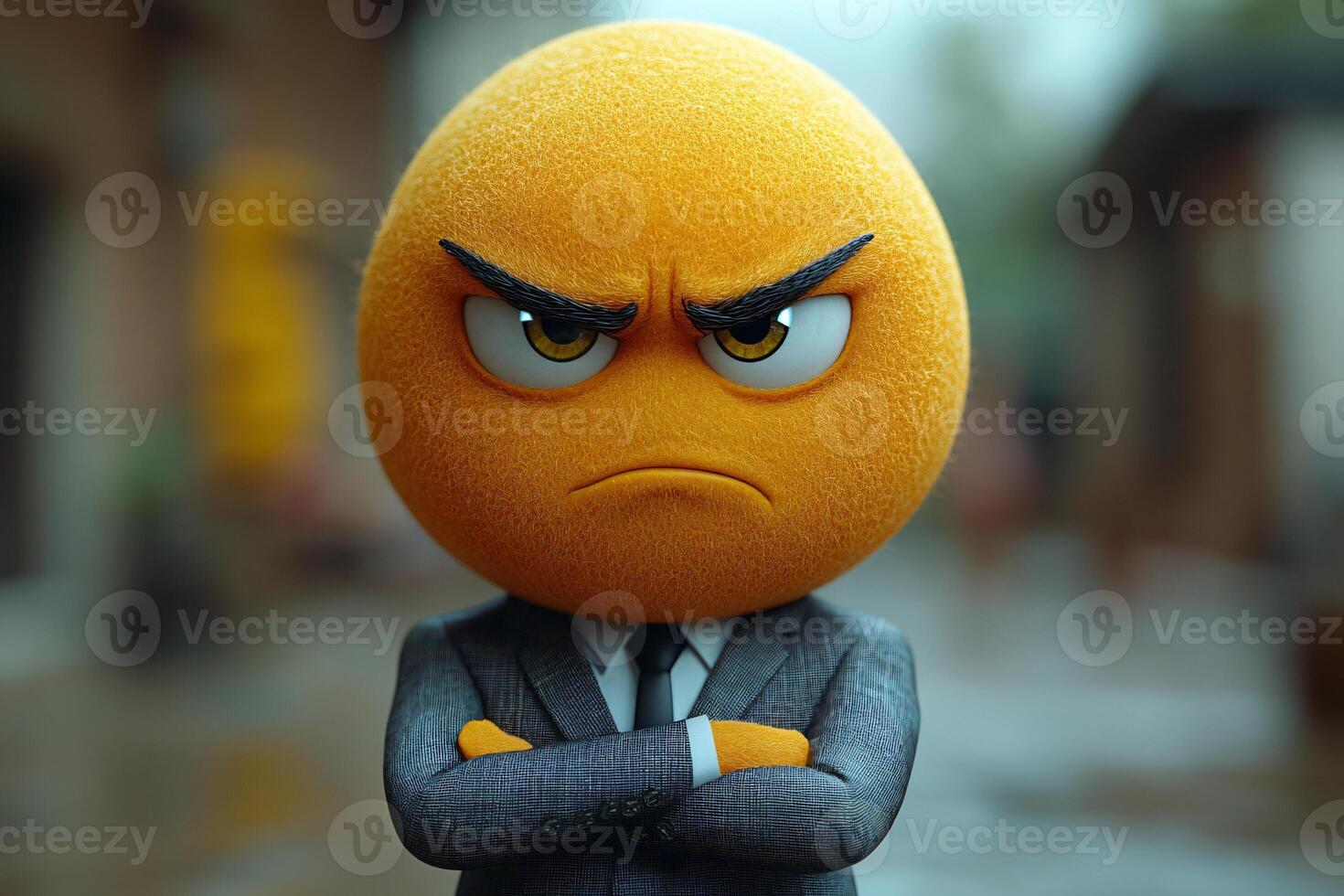 Potrait of a businessperson cartoon character wearing suit with an angry emoji head, blurred background photo
