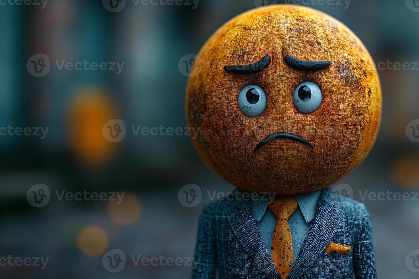 Potrait of a businessperson wearing suit with a sad emoji head, failure, mistake, blurred background photo