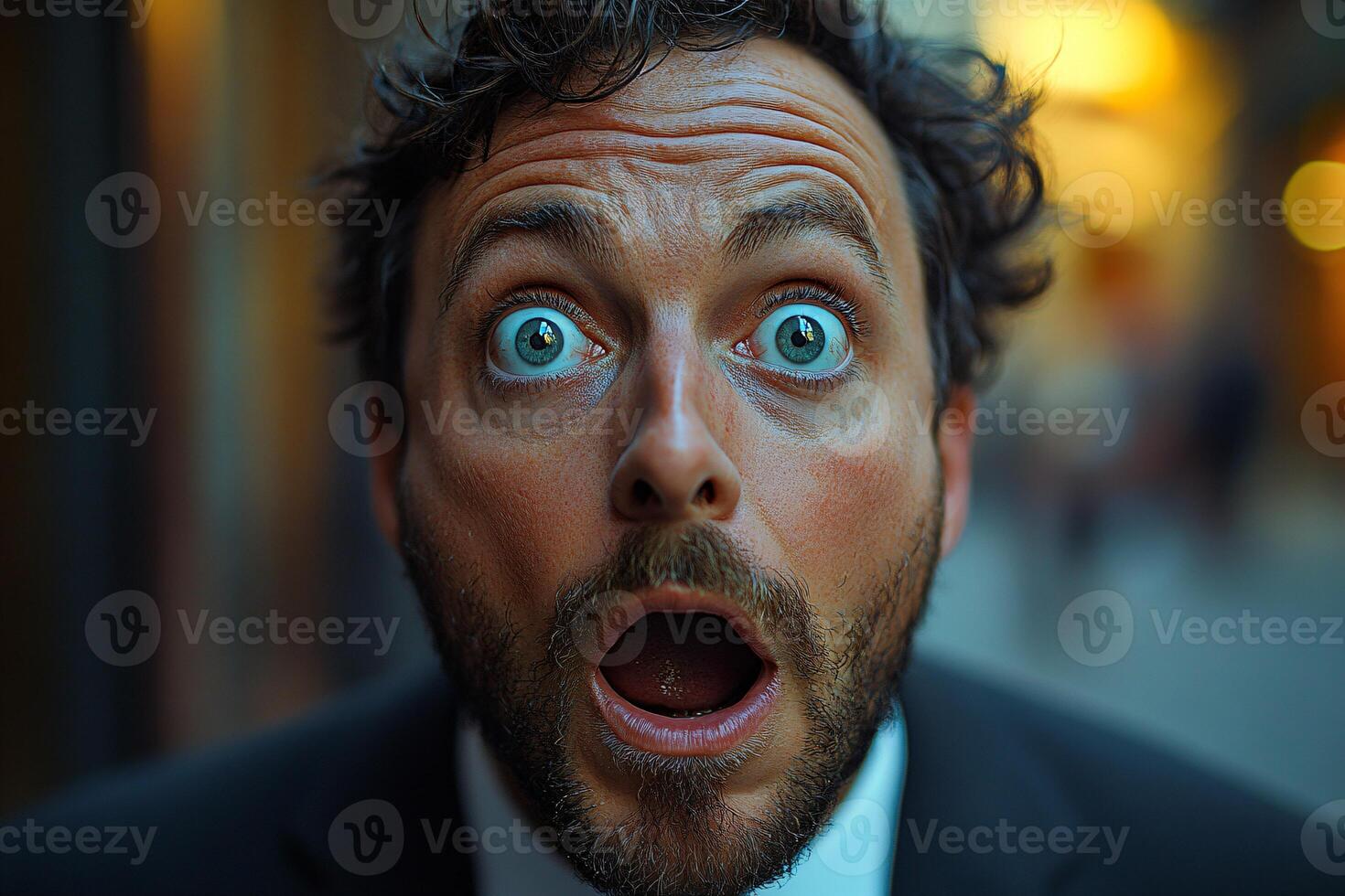 Close-up of a businessperson in a suit with shocked or surprised face photo