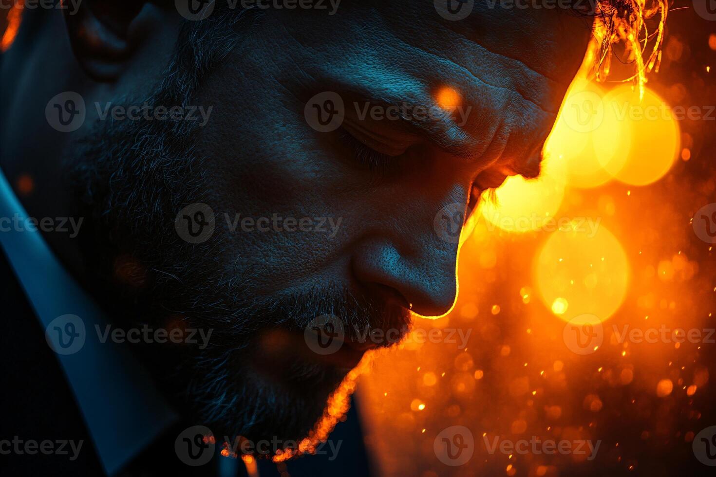 Close-up portrait of businessman with sad and crying emotion, failure, mistake, movie scene concepts photo
