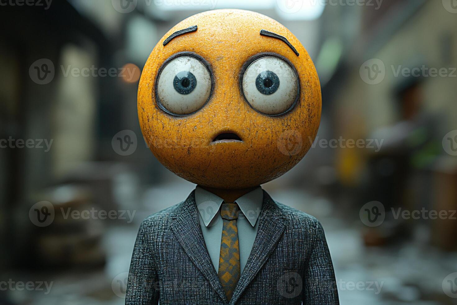 Businessperson wearing suit with a confused and shocked emoji head, failure, mistake, blurred background photo