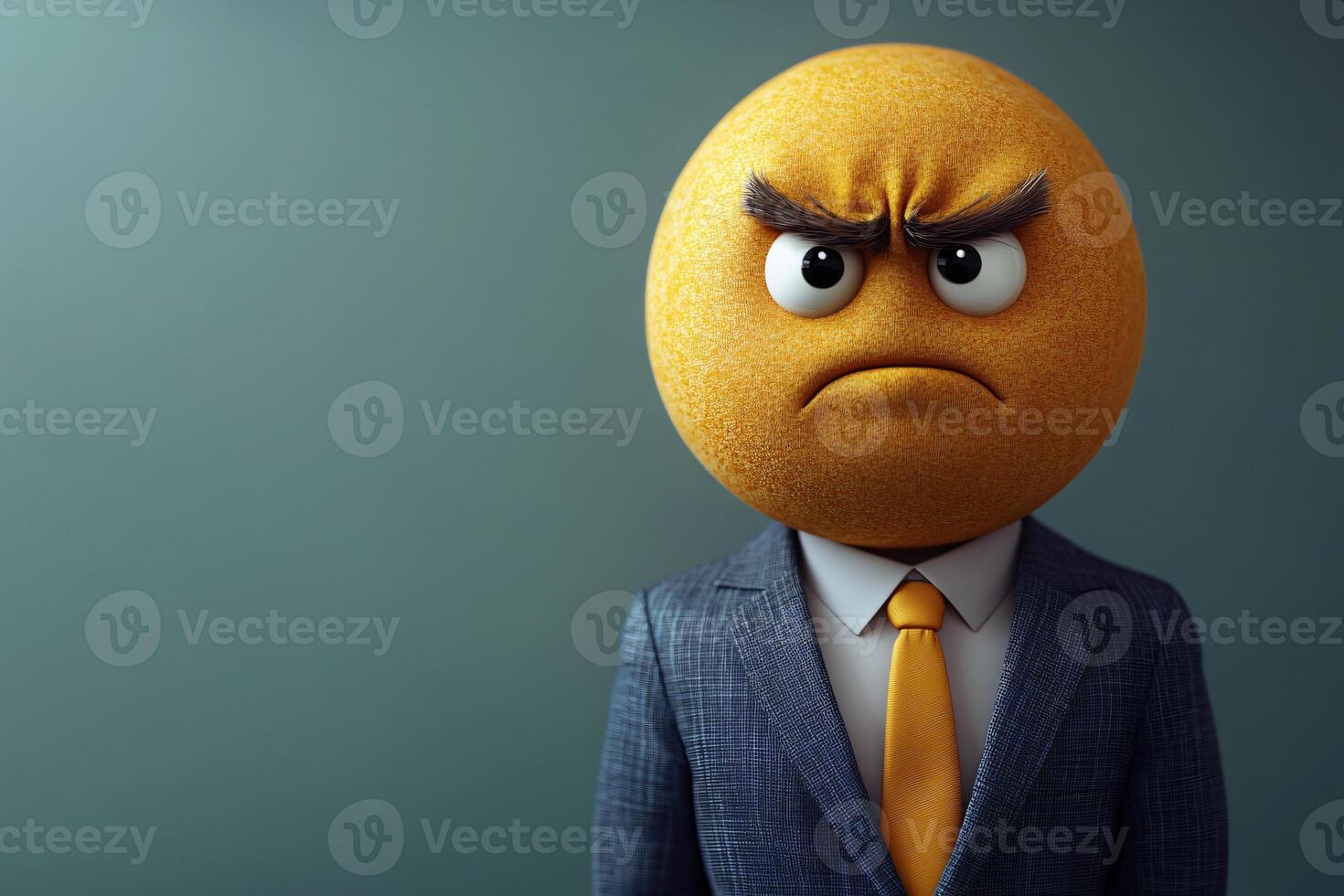 Businessperson wearing suit with angry emoji head, business failure, green background, copy space photo