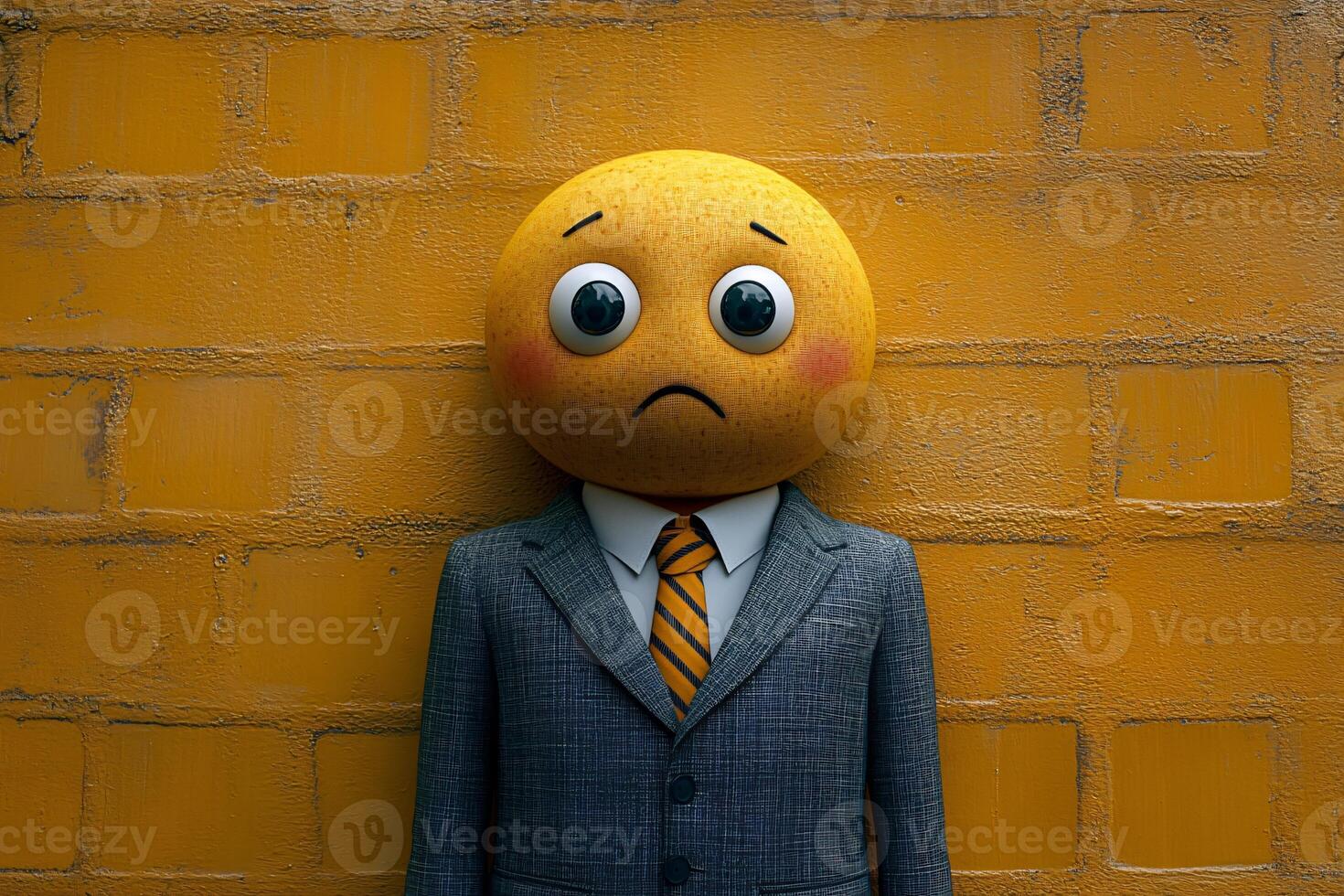 Businessperson wearing suit with a crying emoji head, sadness, yellow wall background photo