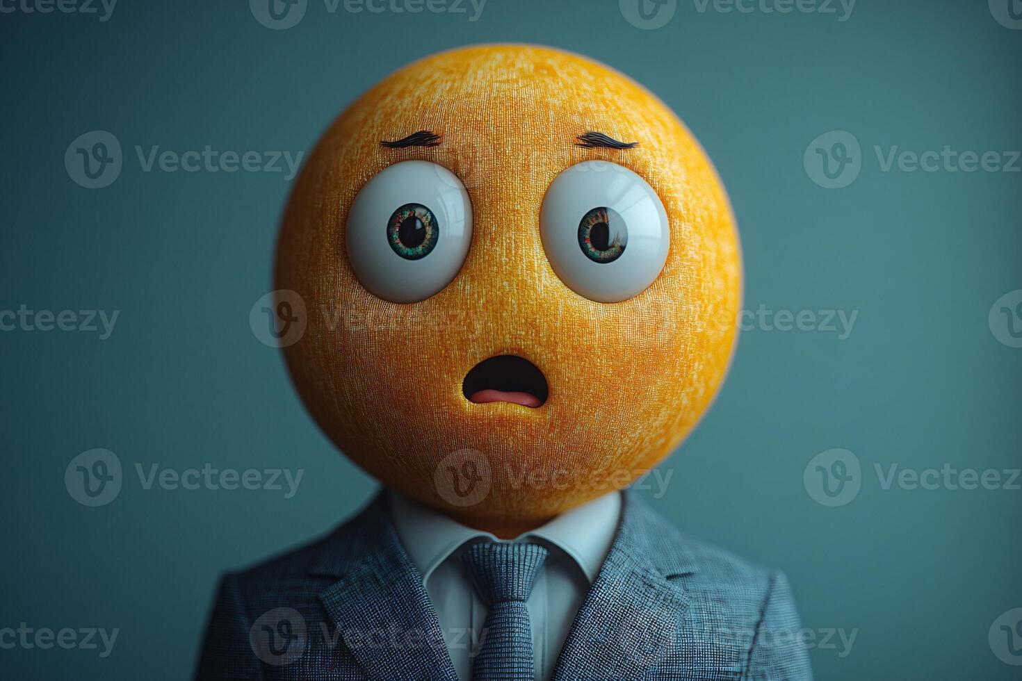 Potrait of a businessman wearing suit with emoji head displays be frightened photo