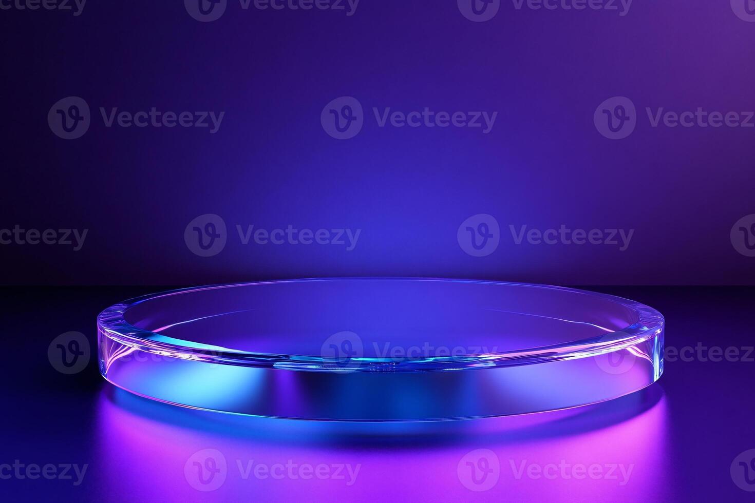3D glass podium platform for product display on purple blue background with studio lights, Luxury crystal glass product display photo