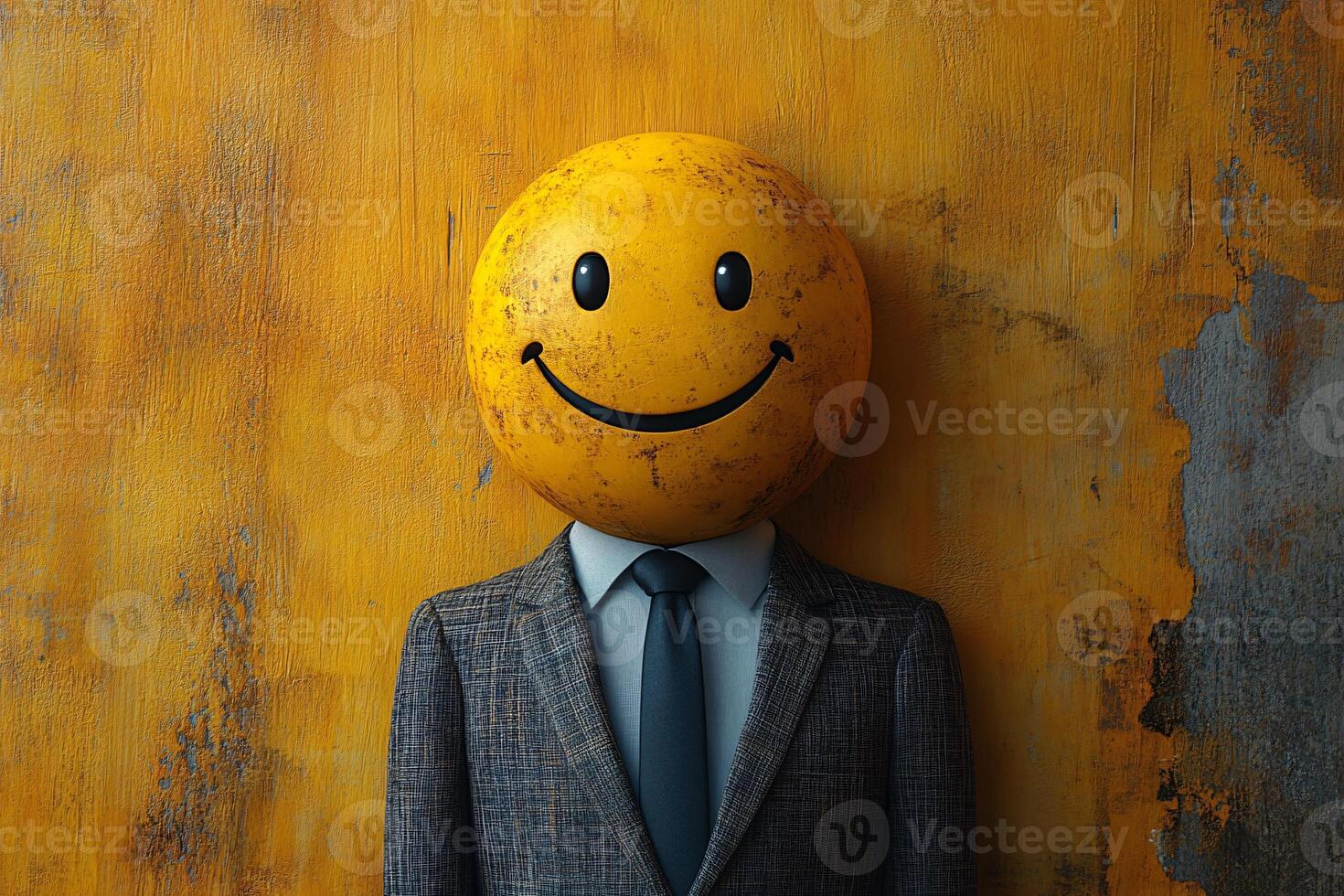 Young businessman in a modern suit with a happy and smile emoji head, isolated on yellow background photo