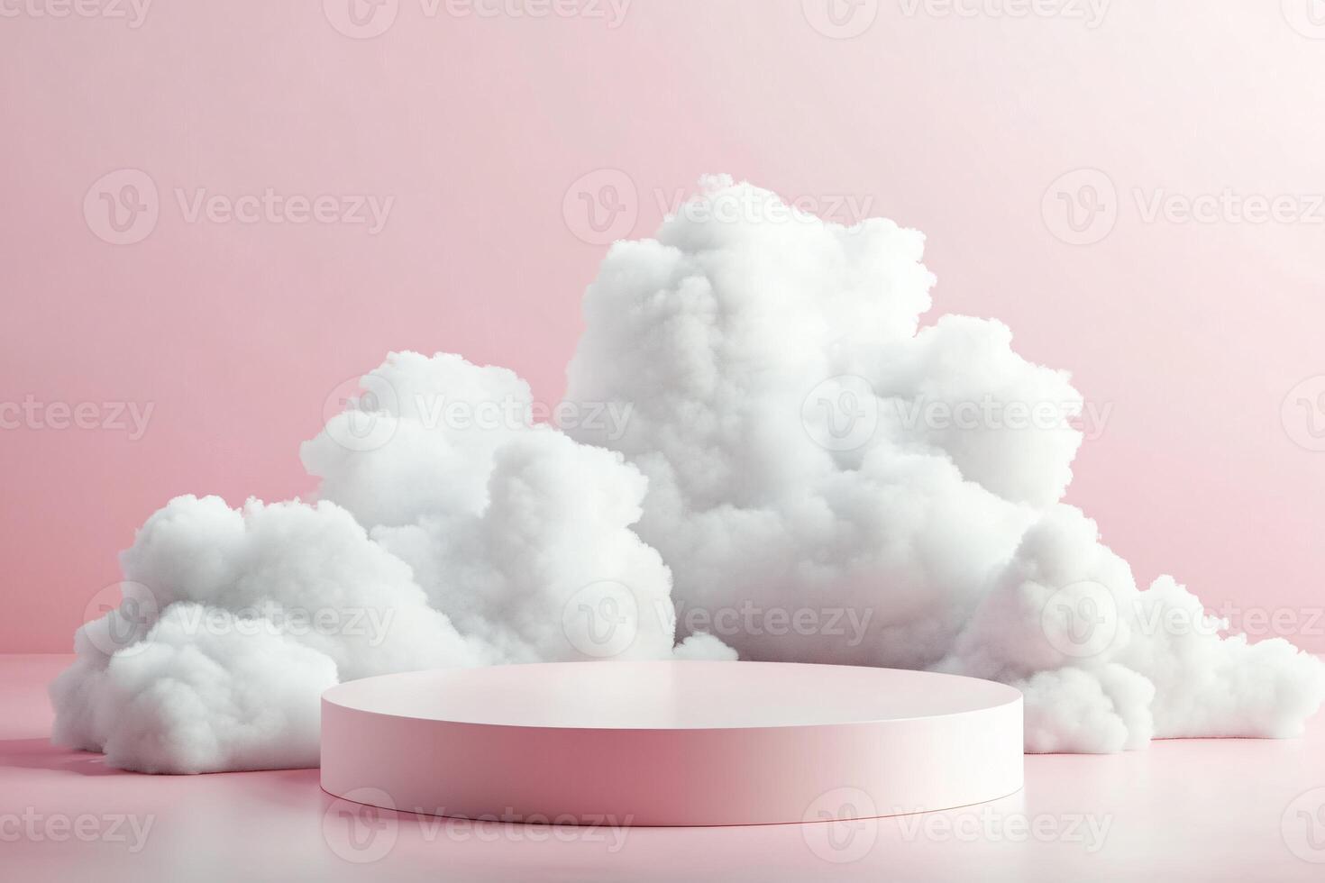 Empty round podium decorated with realistic cloud on pink pastel background for your beauty project photo