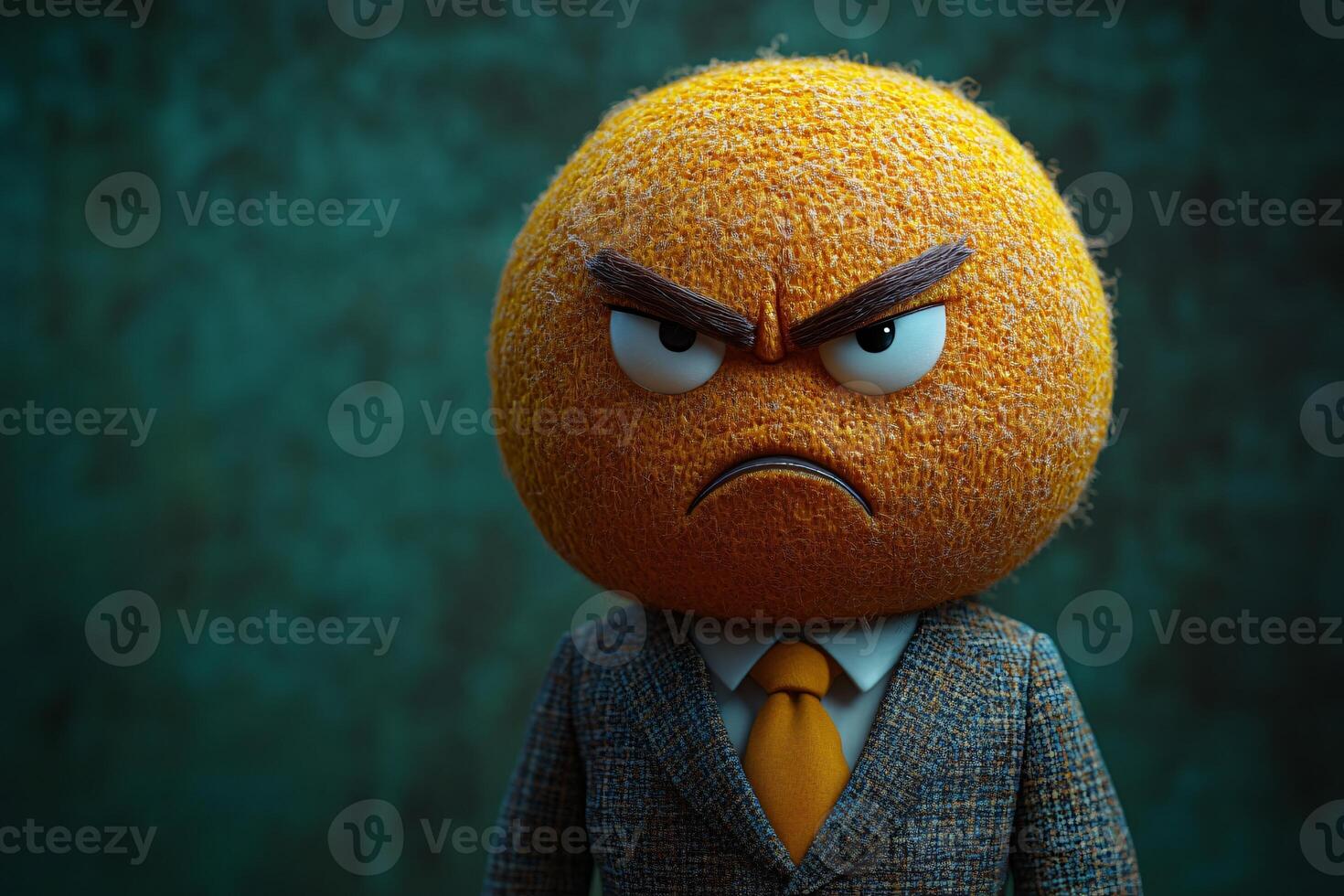 Potrait of a businessperson in a modern suit with an angry emoji head, blurred green background photo