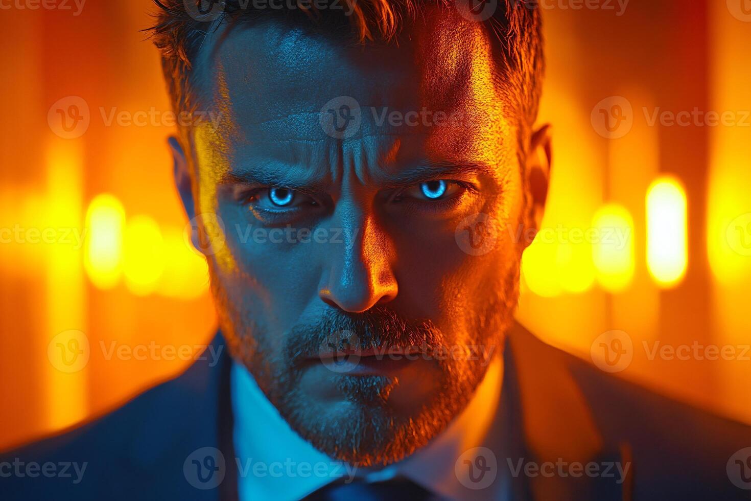 Close-up portrait of businessman with angry and sad emotion, anger, resentment, movie scene concepts photo