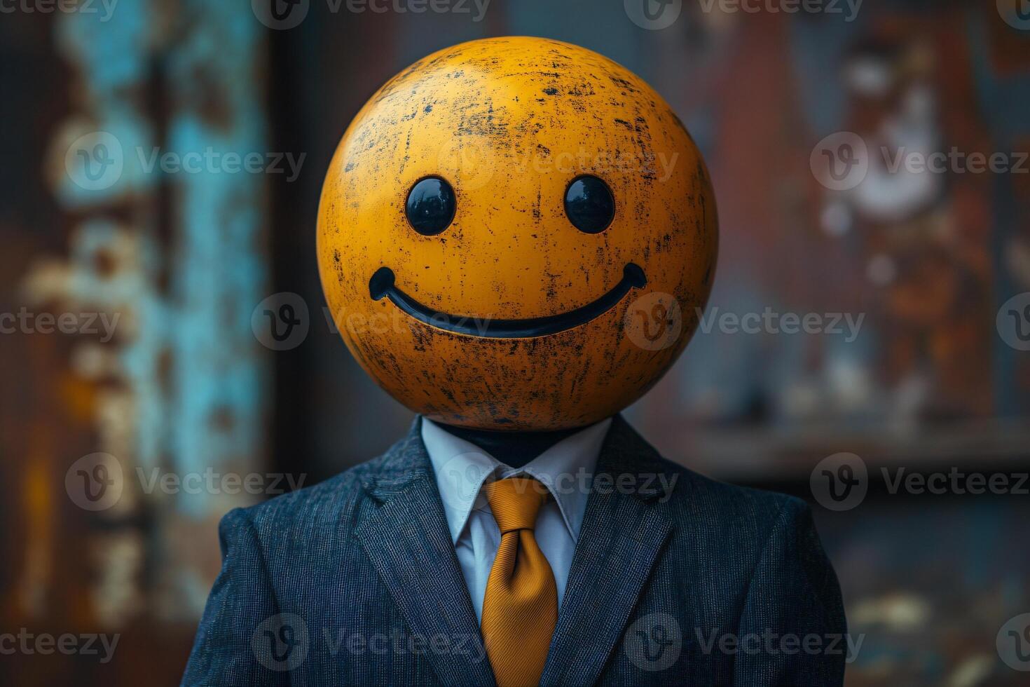 Businessperson in formal attire with a happy and laughing emoji head, blurred old wall background photo