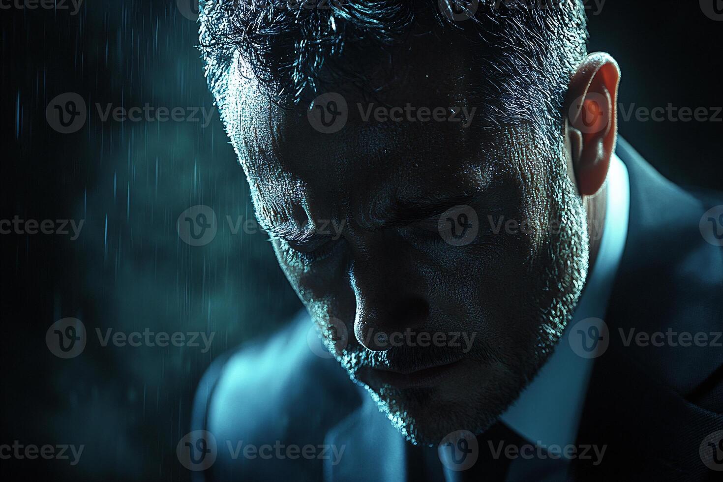 Close-up portrait of businessman with sad and crying emotion, failure, mistake, rainy background photo