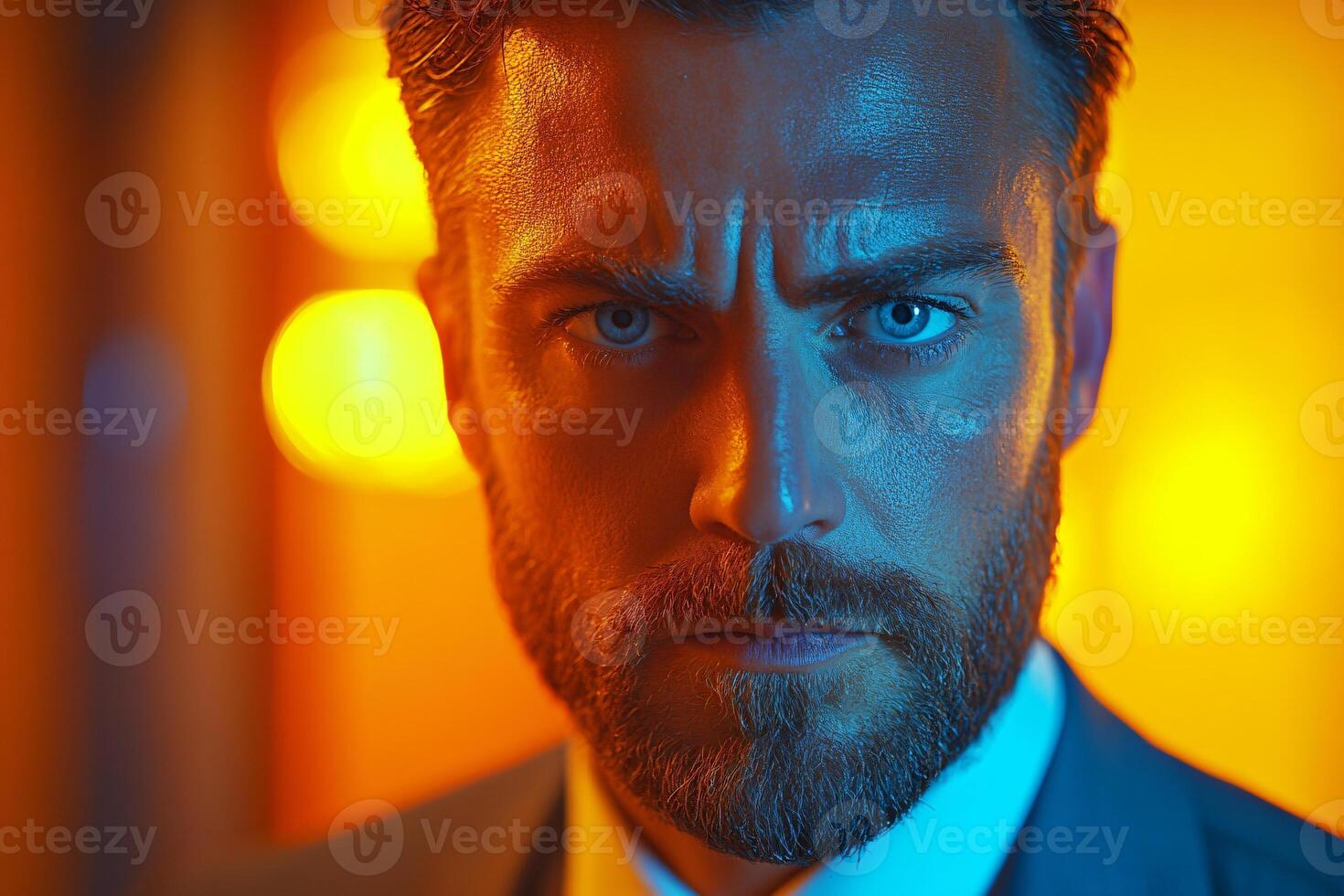 Close-up portrait of businessman with angry and sad emotion, night lighting background photo