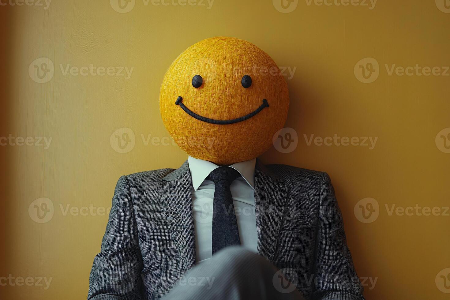 Businessperson in a modern suit sitting on chair with a smile emoji head, confidence, determination, yellow background photo