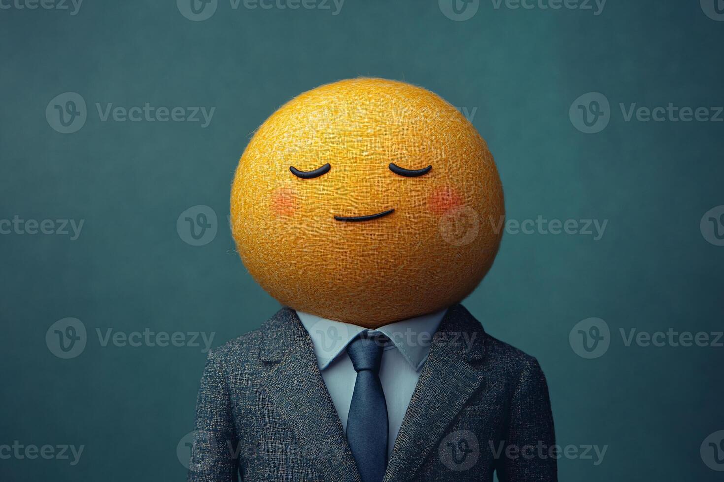 Businessperson in a modern suit with a happy and relaxing emoji head, blue background photo