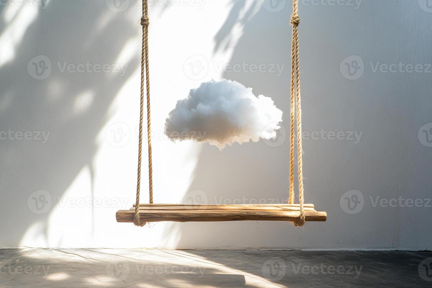 Empty swing made of hemp rope and wood with a cloud suspended in the air, backdrops, product presentation photo