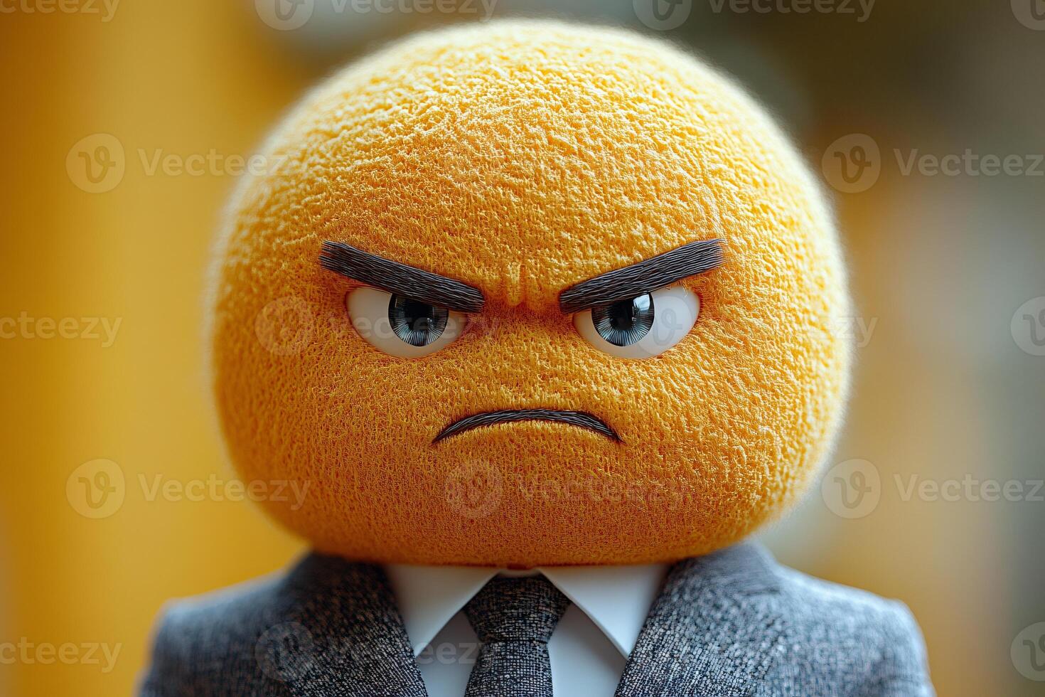 Executive in a modern suit with a serious and angry emoji head, blurred background photo