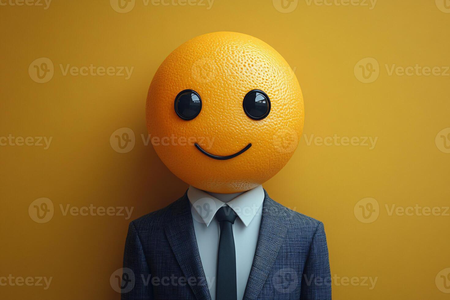 Young businessman in a modern suit with a happy and smile emoji head, isolated on yellow background photo