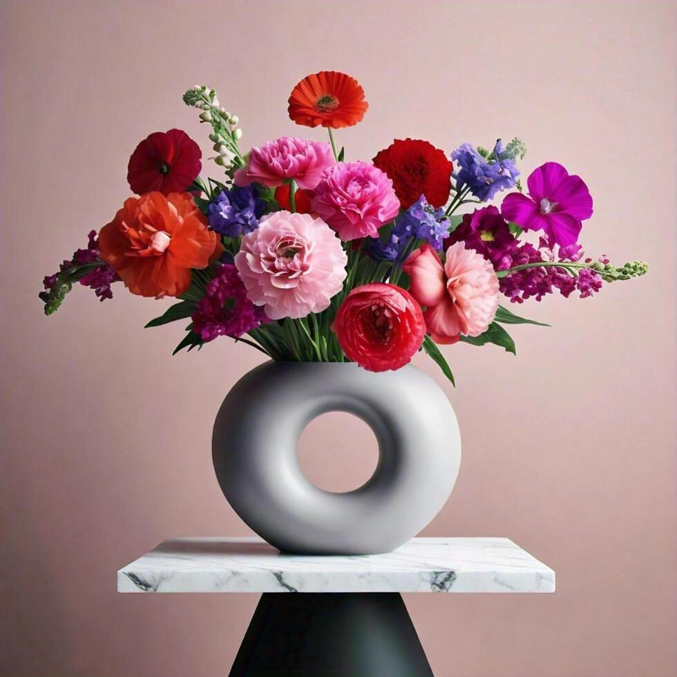 Vibrant Flower Arrangement in a White Vase on a Marble Pedestal photo
