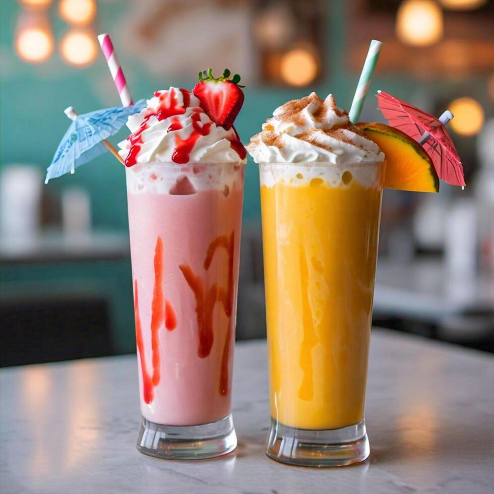 Colorful Milkshakes with Whipped Cream and Fresh Fruit Toppings photo