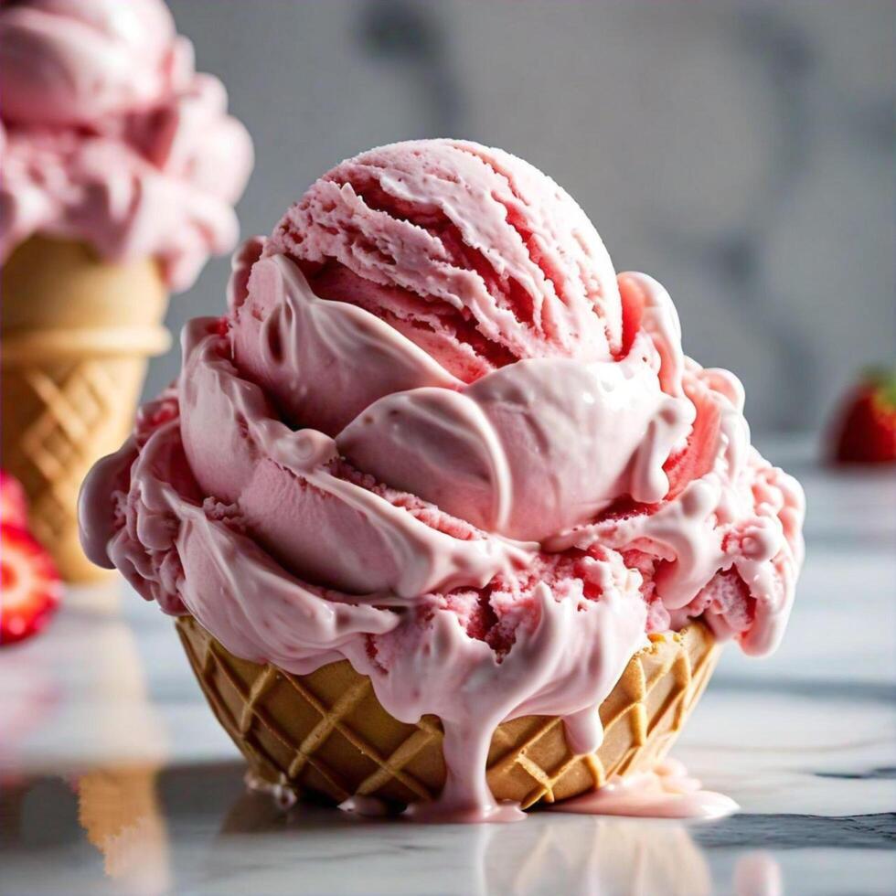 Freshly Made Pink Ice Cream in Waffle Cones on a Marble Countertop photo