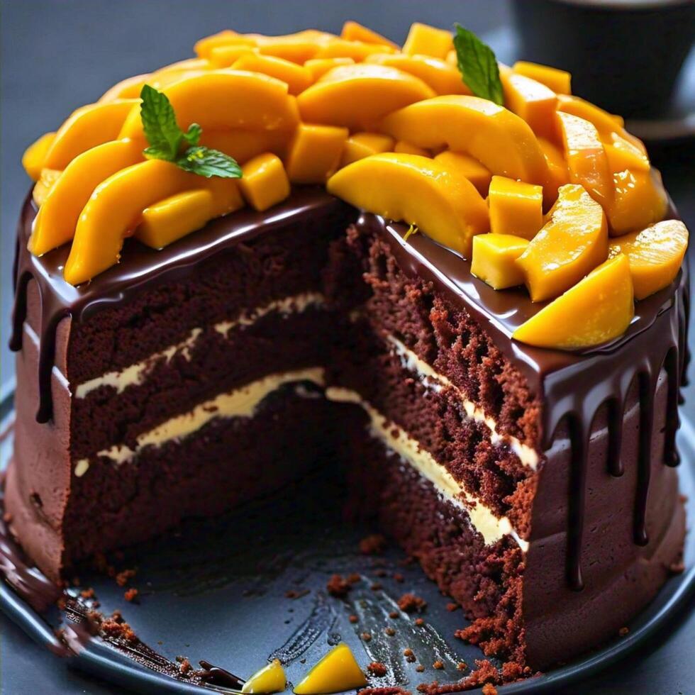 Decadent Chocolate Cake with Mango Slices and Mint Garnish photo
