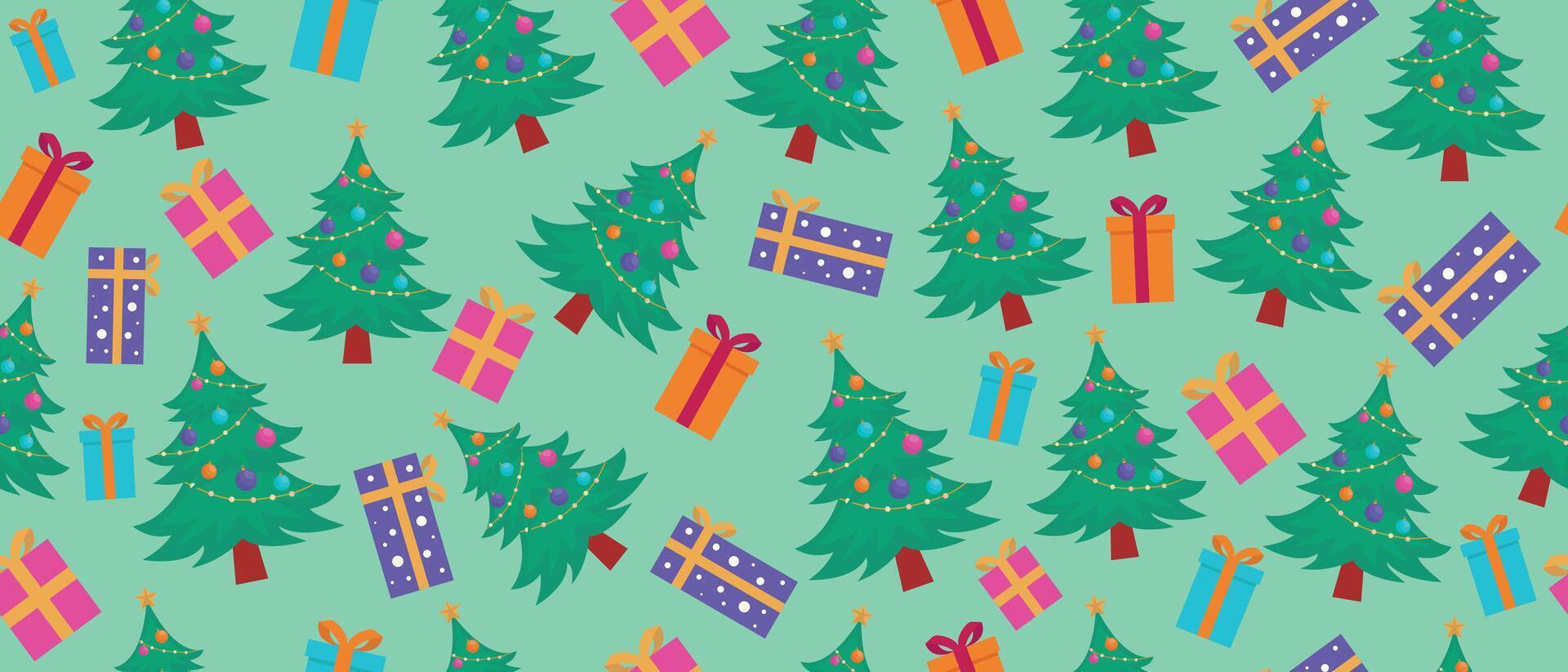 Seamless New Year and Christmas pattern with tree and gifts. vector