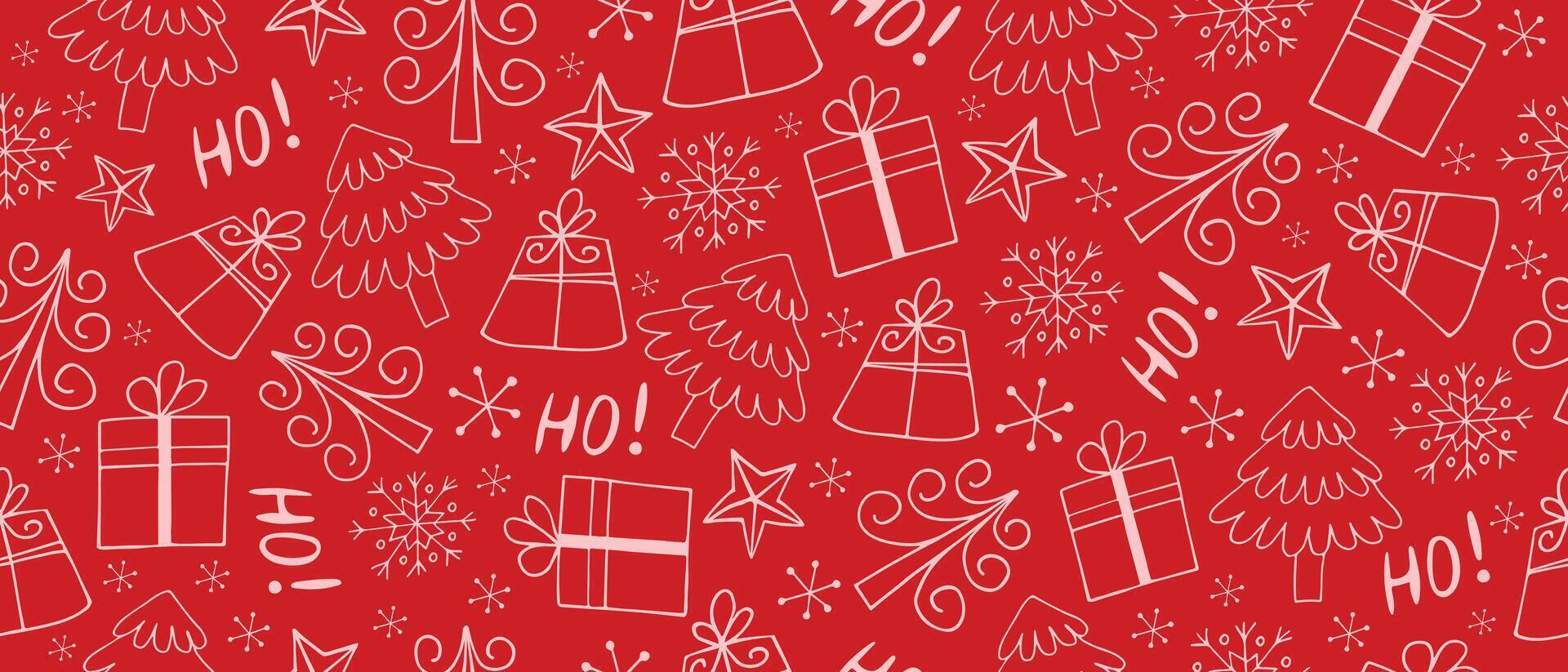 Christmas and New Year doodle elements, seamless pattern, on red background. vector