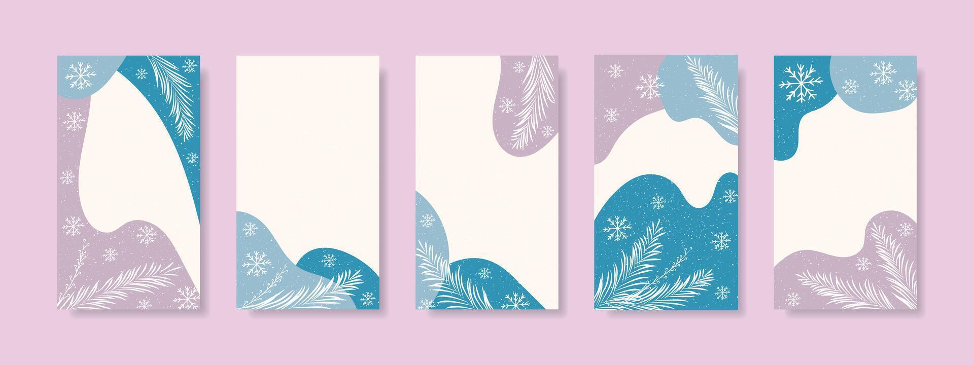 History of winter snowflakes and post design. Winter flyers with abstract shapes and snow. Winter social media background, cover collection. vector